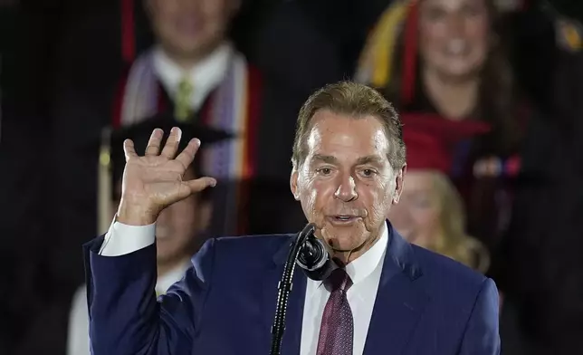 Nick Saban speaks before President Donald Trump arrives to give a commencement address at the University of Alabama, Thursday, May 1, 2025, in Tuscaloosa, Ala. (AP Photo/Mike Stewart)