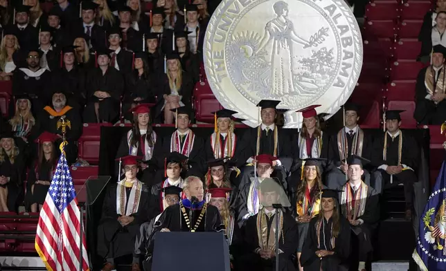 University of Alabama president Stuart Bell speaks before President Donald Trump arrives to give a commencement address at the University of Alabama, Thursday, May 1, 2025, in Tuscaloosa, Ala. (AP Photo/Mike Stewart)