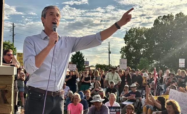 Former presidential candidate Beto O'Rourke of Texas speaks at a rally called "Tide Against Trump" in Tuscaloosa, Ala., held in opposition to President Donald Trump's appearance on campus on Thursday, May 1, 2025. (AP Photo/Kimberly Chandler)