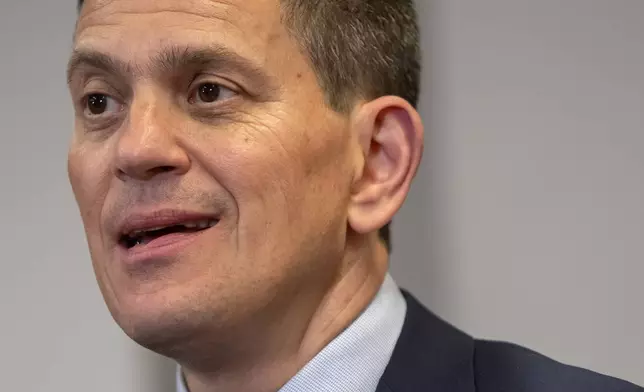 David Miliband, president and CEO of the International Rescue Committee, speaks during an interview with the Associated Press, Thursday, May 8, 2025, in Washington. (AP Photo/Mark Schiefelbein)