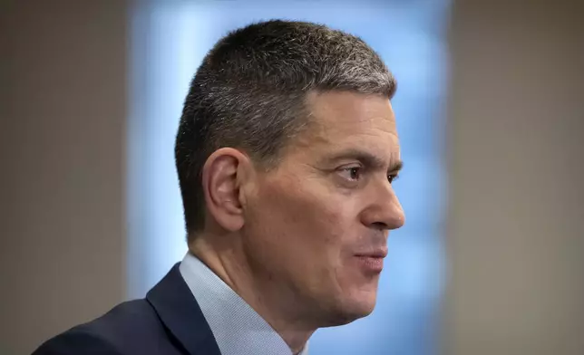 David Miliband, president and CEO of the International Rescue Committee, speaks during an interview with the Associated Press, Thursday, May 8, 2025, in Washington. (AP Photo/Mark Schiefelbein)