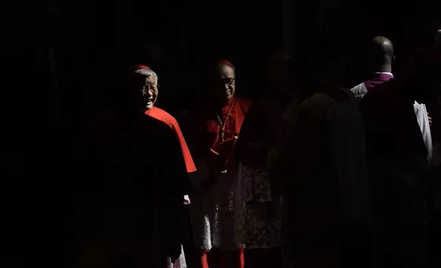 Cardinal Lazzaro You Heung-sik, left, waits for the arrival of Pope Leo XIV inside St. Paul Outside The Walls Basilica in Rome, Tuesday, May 20, 2025. (AP Photo/Gregorio Borgia)