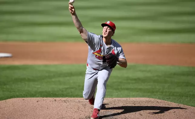 St. Louis Cardinals starting pitcher Andre Pallante throws during the second inning of a baseball game against the Washington Nationals, Saturday, May 10, 2025, in Washington. (AP Photo/Nick Wass)