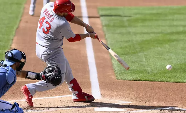 St. Louis Cardinals' Pedro Pages (43) singles in a run during the second inning of a baseball game, Saturday, May 10, 2025, in Washington. (AP Photo/Nick Wass)