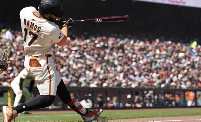 San Francisco Giants' Heliot Ramos hits an RBI single during the eighth inning of a baseball game against the Athletics, Sunday, May 18, 2025, in San Francisco. (AP Photo/Godofredo A. Vásquez)
