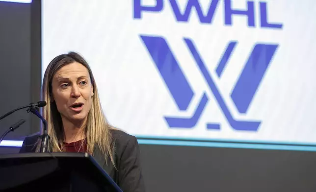 FILE - FILE - Professional Women's Hockey League senior vice president of hockey operations Jayna Hefford speaks before the PWHL Toronto team opened the Toronto Stock Exchange in Toronto, Jan. 12, 2024. (Cole Burston/The Canadian Press via AP, File, File)