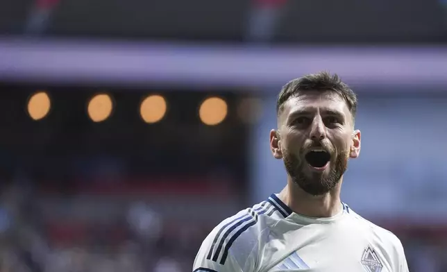 Vancouver Whitecaps' Tristan Blackmon celebrates after his goal against Real Salt Lake during the second half of an MLS soccer match in Vancouver, British Columbia, Saturday, May 3, 2025. (Darryl Dyck/The Canadian Press via AP)