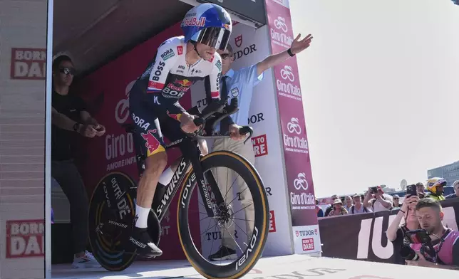 Slovenia's Primoz Roglic at the start of the time trial stage 2 of the Giro d'Italia cycling race, in Tirana, Albania, Saturday, May 10, 2025. (Gian Mattia D'Alberto/LaPresse via AP)