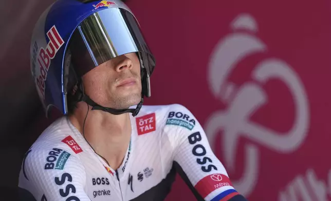 Slovenia's Primoz Roglic at the start of the time trial stage 2 of the Giro d'Italia cycling race, in Tirana, Albania, Saturday, May 10, 2025. (Gian Mattia D'Alberto/LaPresse via AP)