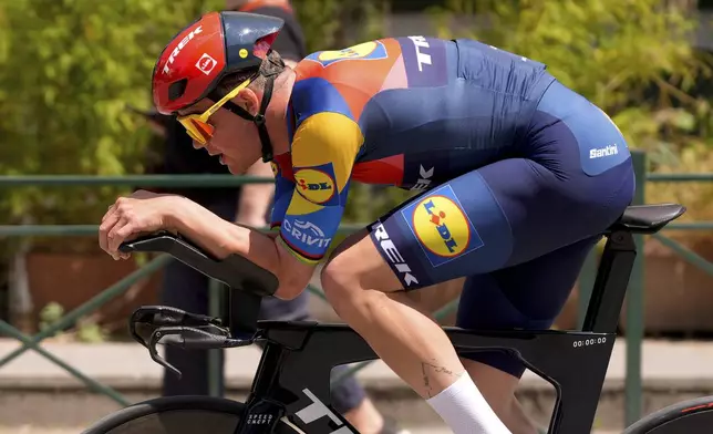 Denmark's Mads Pedersen competes during the second stage of the Giro d'Italia cycling race, an individual time trial from Tirana to Tirana, Albania, Saturday, May 10, 2025. (Fabio Ferrari/LaPresse via AP)