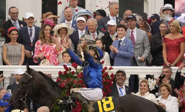 Jockey Junior Alvarado celebrates after riding Sovereignty to victory in the 151st running of the Kentucky Derby horse race at Churchill Downs Saturday, May 3, 2025, in Louisville, Ky. (AP Photo/Abbie Parr)