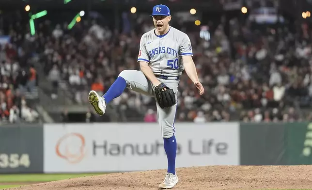 Kansas City Royals pitcher Kris Bubic (50) reacts after San Francisco Giants' Tyler Fitzgerald lined into a double play during the seventh inning of a baseball game in San Francisco, Monday, May 19, 2025. (AP Photo/Jeff Chiu)