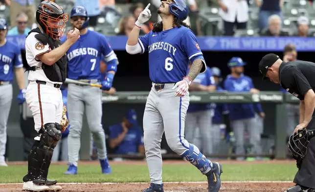 Kansas City Royals' Jonathan India celebrates after hitting a home run during the fifth inning of a baseball game against the Baltimore Orioles, Sunday, May 4, 2025, in Baltimore. (AP Photo/Daniel Kucin Jr.)