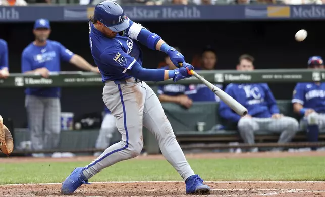 Kansas City Royals' Bobby Witt Jr. hits a home run during the seventh inning of a baseball game against the Baltimore Orioles, Sunday, May 4, 2025, in Baltimore. (AP Photo/Daniel Kucin Jr.)