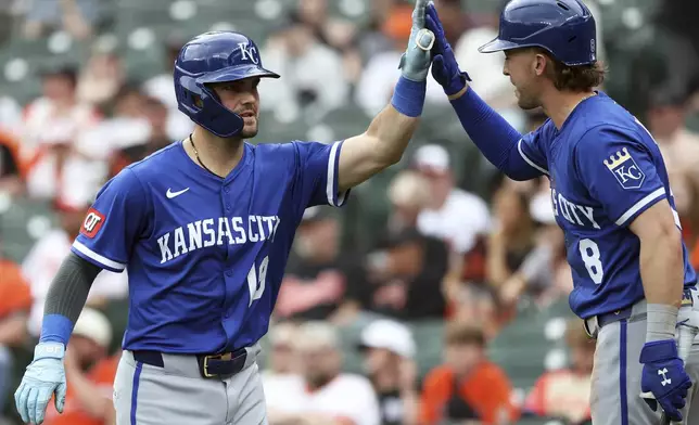 Kansas City Royals' Michael Massey celebrates with teammate Drew Waters after hitting a home run during the ninth inning of a baseball game against the Baltimore Orioles, Sunday, May 4, 2025, in Baltimore. (AP Photo/Daniel Kucin Jr.)