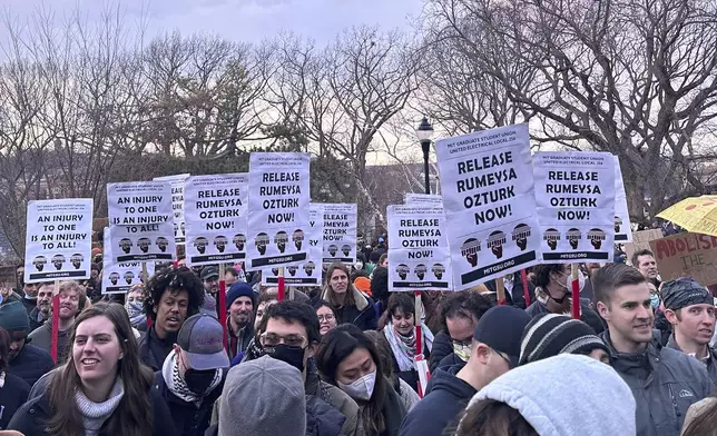 FILE - Hundreds of people gather in Somerville, Mass., on March 26, 2025, to demand the release of Rumeysa Ozturk, a Turkish student at Tufts University, who was arrested by federal agents Tuesday night. (AP Photo/Michael Casey, File)