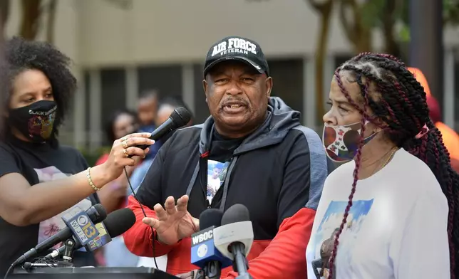 FILE - Family members of Anton Black, from left, LaToya Holley; father, Antone Black, and mother, Jennell Black, speak during a news conference Thursday, Sept. 30, 2021, in Baltimore. (AP Photo/Gail Burton, File)