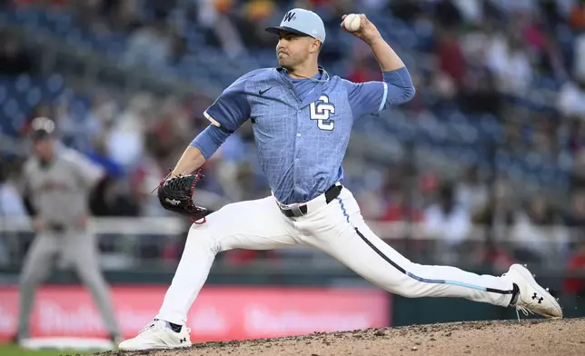 Washington Nationals starting pitcher MacKenzie Gore throws during the sixth inning of a baseball game against the San Francisco Giants, Friday, May 23, 2025, in Washington. (AP Photo/Nick Wass)