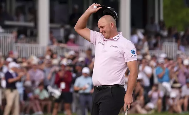 Sepp Straka, of Austria, reacts after winning the Truist Championship golf tournament at the Philadelphia Cricket Club, Sunday, May 11, 2025, in Flourtown. (AP Photo/Matt Rourke)