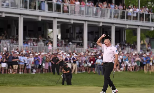 Sepp Straka, of Austria, reacts after winning the Truist Championship golf tournament at the Philadelphia Cricket Club, Sunday, May 11, 2025, in Flourtown. (AP Photo/Matt Rourke)