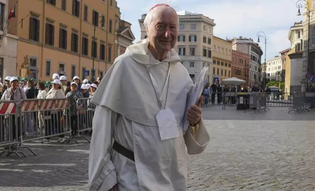 Cardinal Timothy Peter Joseph Radcliffe arrives at the Vatican, Saturday, May 3, 2025, to attend the General Congregation of cardinals in the New Synod Hall where they are preparing for the upcoming conclave starting on May 7, to elect the 267th Roman pontiff. (AP Photo/Andrew Medichini)