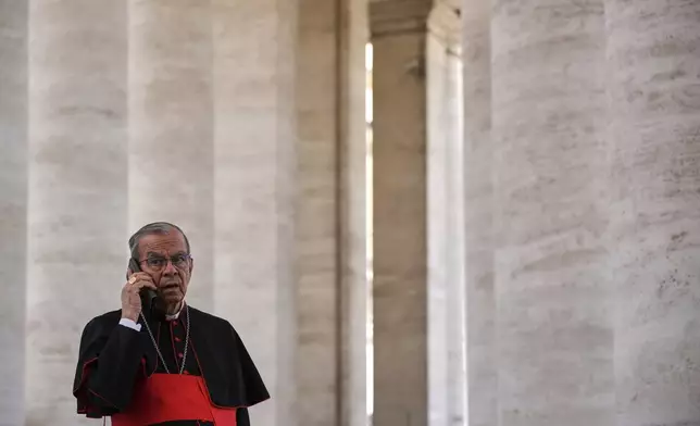Cardinal Gregorio Rosa Chavez leaves the Vatican, Saturday, May 3, 2025, after attending a session of the General Congregation of cardinals in the New Synod Hall where they are preparing for the upcoming conclave starting on May 7, to elect the 267th Roman pontiff. (AP Photo/Andrew Medichini)