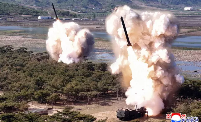 This photo provided by the North Korean government, shows what it says a drill of long-range artillery and missile systems at North Korea’s eastern coast Thursday, May 8, 2025. Independent journalists were not given access to cover the event depicted in this image distributed by the North Korean government. The content of this image is as provided and cannot be independently verified. Korean language watermark on image as provided by source reads: "KCNA" which is the abbreviation for Korean Central News Agency. (Korean Central News Agency/Korea News Service via AP)