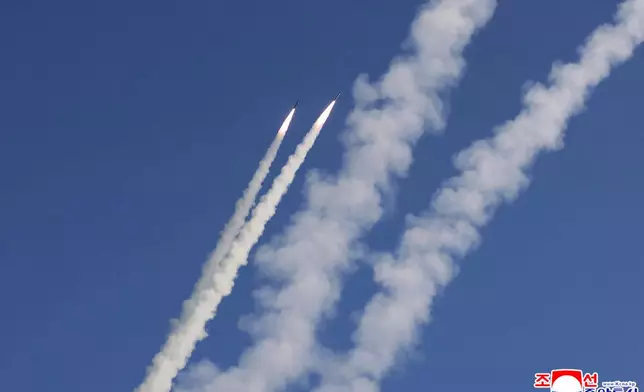 This photo provided by the North Korean government, shows what it says a drill of long-range artillery and missile systems at North Korea’s eastern coast Thursday, May 8, 2025. Independent journalists were not given access to cover the event depicted in this image distributed by the North Korean government. The content of this image is as provided and cannot be independently verified. Korean language watermark on image as provided by source reads: "KCNA" which is the abbreviation for Korean Central News Agency. (Korean Central News Agency/Korea News Service via AP)