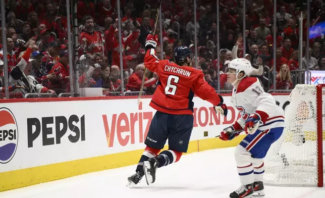 Washington Capitals defenseman Jakob Chychrun (6) celebrates his goal past Montreal Canadiens right wing Cole Caufield (13) in the first period of Game 5 of a first-round NHL hockey playoff series Wednesday, April 30, 2025, in Washington. (AP Photo/Nick Wass)