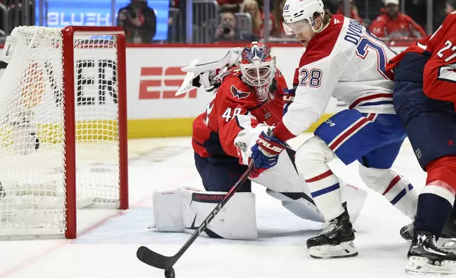 Montreal Canadiens center Christian Dvorak (28) skates with the puck against Washington Capitals goaltender Logan Thompson (48) in the second period of Game 5 of a first-round NHL hockey playoff series Wednesday, April 30, 2025, in Washington. (AP Photo/Nick Wass)