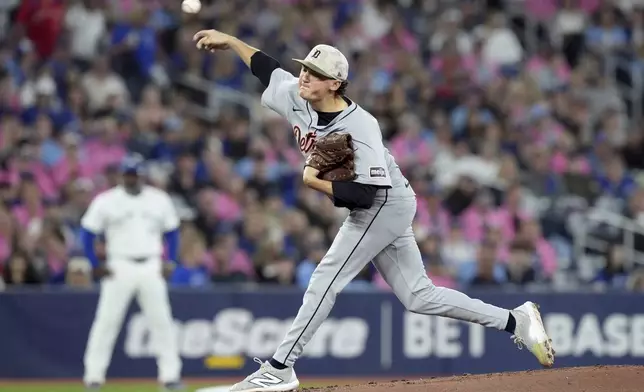 Detroit Tigers pitcher Reese Olson (45) works against the Toronto Blue Jays during the first inning of a baseball game in Toronto, Saturday, May 17, 2025. (Chris Young/The Canadian Press via AP)