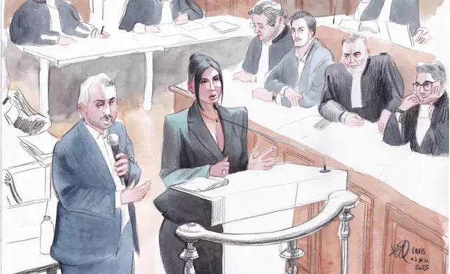 In this artist sketch, Kim Kardashian testifies regarding a robbery of millions of dollars in jewels from her Paris hotel room in 2016, in Paris, Tuesday, May 13, 2025. (AP Photo/Valentin Pasquier)