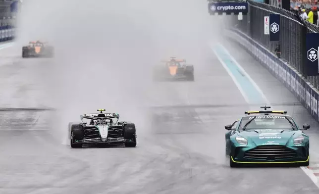 Drivers participate in a safety car lap before the Sprint race at the Formula One Miami Grand Prix auto race, Saturday, May 3, 2025, in Miami Gardens, Fla. (AP Photo/Rebecca Blackwell)