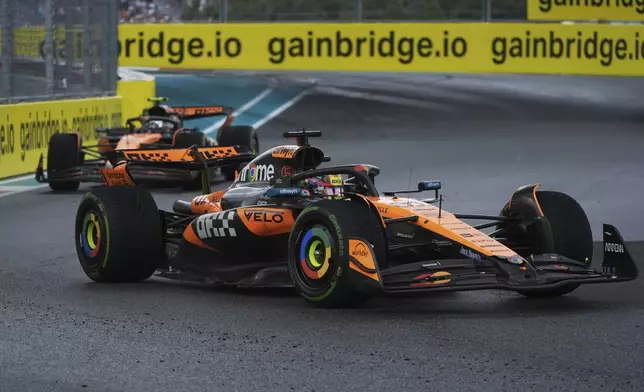 McLaren driver Oscar Piastri of Australia steers his car during the Sprint race at the Formula One Miami Grand Prix auto race, Saturday, May 3, 2025, in Miami Gardens, Fla. (AP Photo/Marta Lavandier)