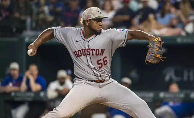 Houston Astros' Ronel Blanco pitches during the first inning of a baseball game against the Texas Rangers, Saturday, May 17, 2025, in Arlington, Texas. (AP Photo/Jessica Tobias)