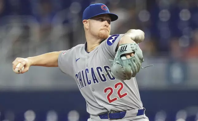 Chicago Cubs starting pitcher Cade Horton (22) throws during the first inning of a baseball game against the Miami Marlins Wednesday, May 21, 2025, in Miami. (AP Photo/Lynne Sladky)