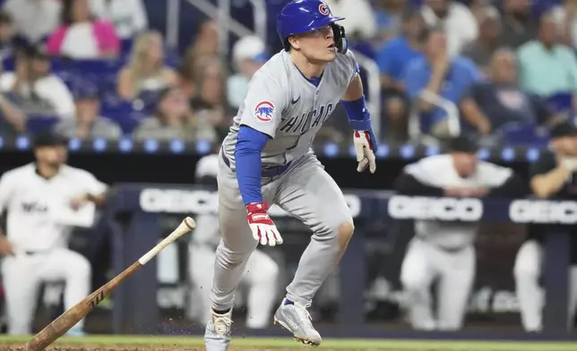 Chicago Cubs' Matt Shaw runs after hitting a double during the fifth inning of a baseball game against the Miami Marlins Wednesday, May 21, 2025, in Miami. (AP Photo/Lynne Sladky)
