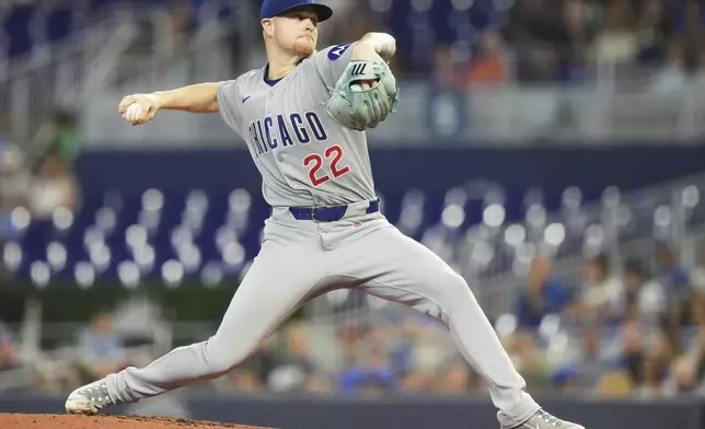 Chicago Cubs' Cade Horton (22) throws during the first inning of a baseball game against the Miami Marlins Wednesday, May 21, 2025, in Miami. (AP Photo/Lynne Sladky)