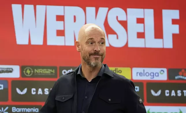 Erik ten Hag arrives for his presentation as new head coach of Bundesliga soccer club Bayer 04 Leverkusen at the BayArena stadium in Leverkusen, Germany, Monday, May 26, 2025. (AP Photo/Martin Meissner)