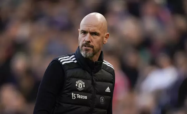 FILE - Manchester United's head coach Erik ten Hag leaves the pitch at half time during the English Premier League soccer match between Manchester United and Brentford at Old Trafford stadium in Manchester, England, Oct. 19, 2024. (AP Photo/Dave Thompson, File)