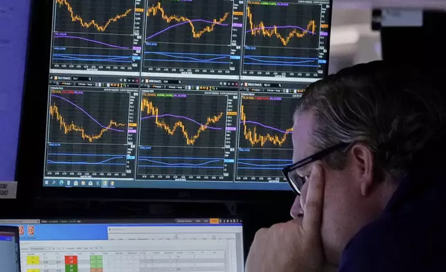 Specialist Gregg Maloney works at his post on the floor of the New York Stock Exchange, Monday, April 28, 2025. (AP Photo/Richard Drew)
