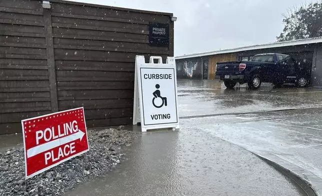 Voting signs are posted Saturday, May 3, 2025, outside a polling station in the town of Boca Chica, Texas, that would become Starbase, Texas, if local residents approve a measure to make the home of Elon Musk's SpaceX its own city. (AP Photo/Valerie Gonzalez)