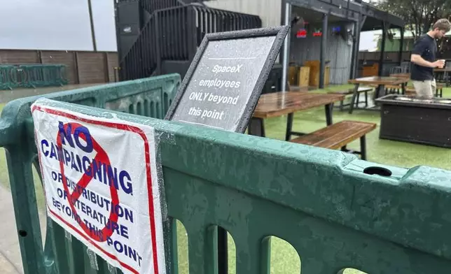 Voting signs are posted Saturday, May 3, 2025, outside a polling station in the town of Boca Chica, Texas, that would become Starbase, Texas, if local residents approve a measure to make the home of Elon Musk's SpaceX its own city. (AP Photo/Valerie Gonzalez)