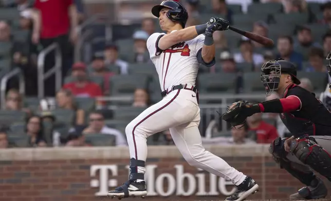 Atlanta Braves' Stuart Fairchild (17) doubles in the third inning of a baseball game against the Washington Nationals Wednesday, May 14, 2025 in Atlanta. (AP Photo/Kathryn Skeean)