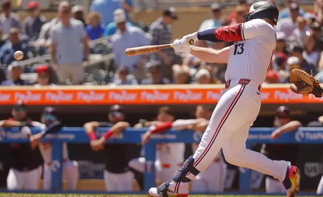 Minnesota Twins' Ty France hits an RBI single in the first inning of a baseball game against the Baltimore Orioles, Thursday, May 8, 2025, in Minneapolis. (AP Photo/Bruce Kluckhohn)