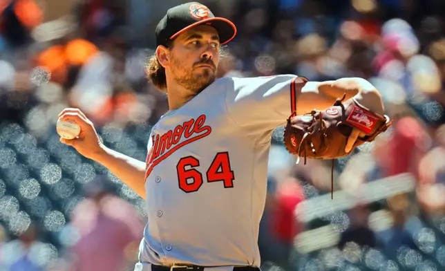Baltimore Orioles starting pitcher Dean Kremer throws to the Minnesota Twins in the first inning of a baseball game Thursday, May 8, 2025, in Minneapolis. (AP Photo/Bruce Kluckhohn)