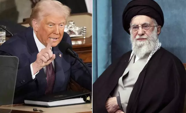 FILE - This combo of pictures show President Donald Trump, left, addressing a joint session of Congress at the Capitol in Washington, March 4, 2025, and a handout of Supreme Leader Ayatollah Ali Khamenei attending a ceremony in Tehran, Iran, March 8, 2025. (AP Photo/Ben Curtis - Office of the Iranian Supreme Leader via AP)
