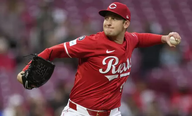 Cincinnati Reds pitcher Nick Lodolo throws during the second inning of a baseball game against the Washington Nationals, Saturday, May 3, 2025, in Cincinnati. (AP Photo/Carolyn Kaster)