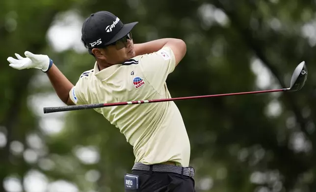 Ryo Hisatsune, of Japan, watches his tee shot on the fifth hole during the second round of the PGA Championship golf tournament at the Quail Hollow Club, Friday, May 16, 2025, in Charlotte, N.C. (AP Photo/David J. Phillip)