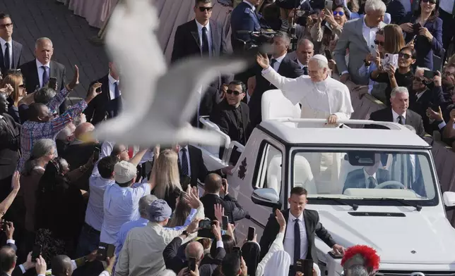 A bird flies by as Pope Leo XIV on his popemobile tours St. Peter's Square at the Vatican prior to the inaugural Mass of his pontificate, Sunday, May 18, 2025. (AP Photo/Jacquelyn Martin, Pool)